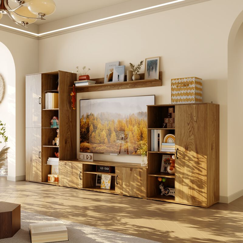 FUFU&GAGA Entertainment Wall Unit with TV Console, Floating Shelf, Glass Doors, Natural Wood Finish (126"W x 70.9"H x 15.7"D),Brown