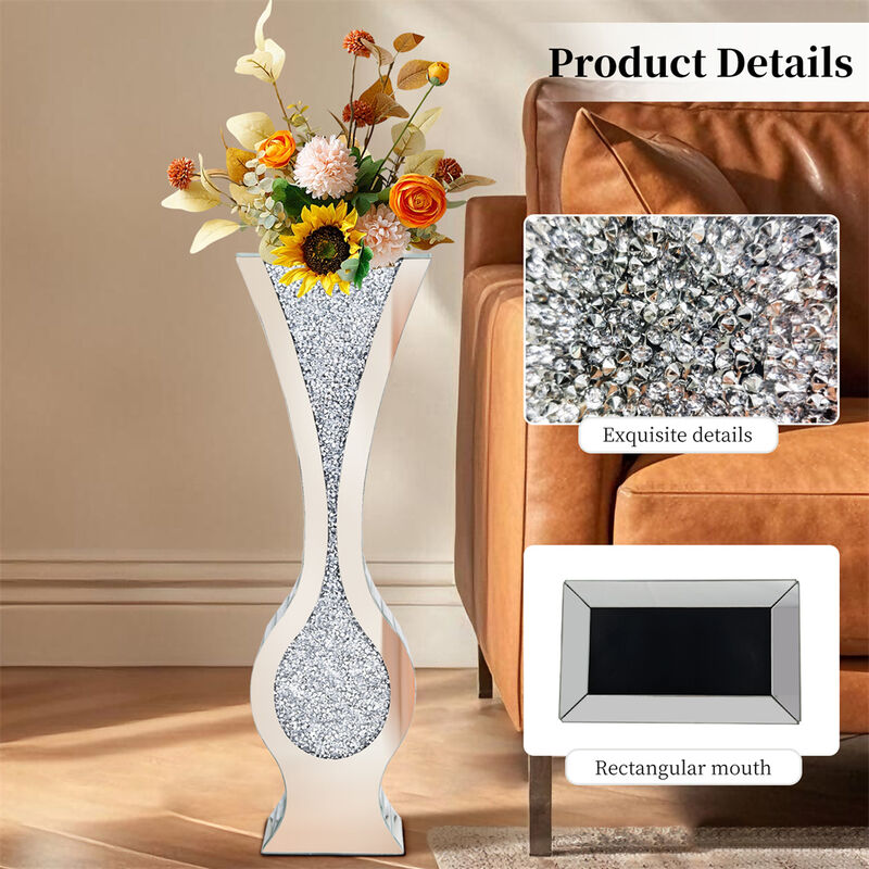 27" Tall Crystal Diamond Mirrored Floor Vase Modern Glass Decor Dry Flowers Only image number 4