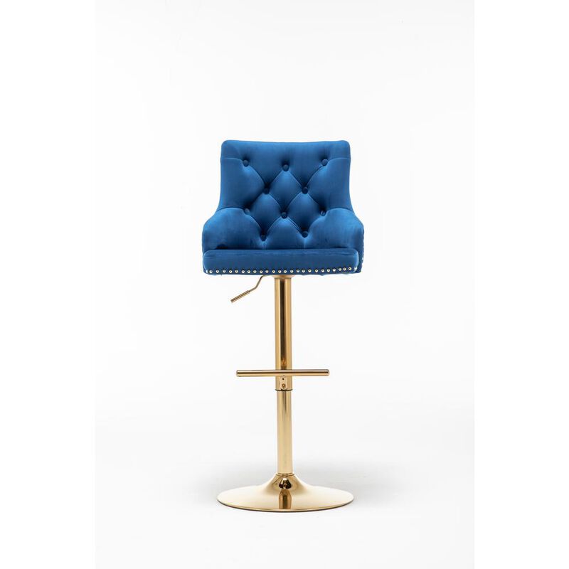 Brightcast 2-piece Velvet Tufted Gold Bar Stools in Blue