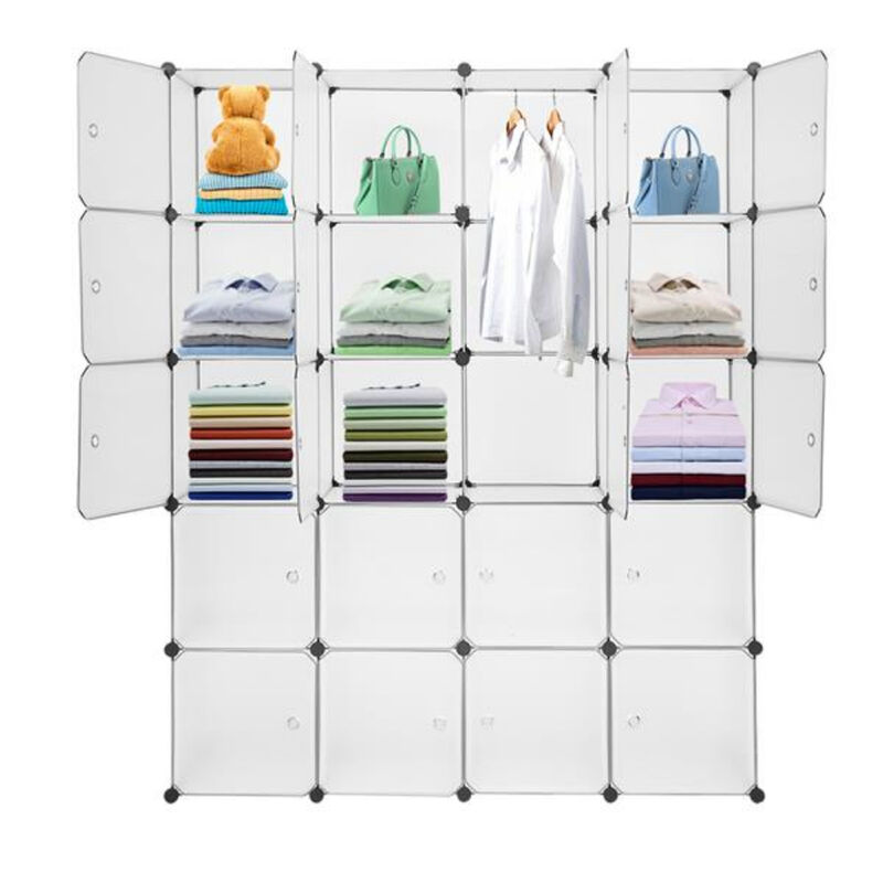 Multi-Functional 20-Cube Plastic Storage Shelves, Modular Closet Organizer with Hanging Rod & Doors