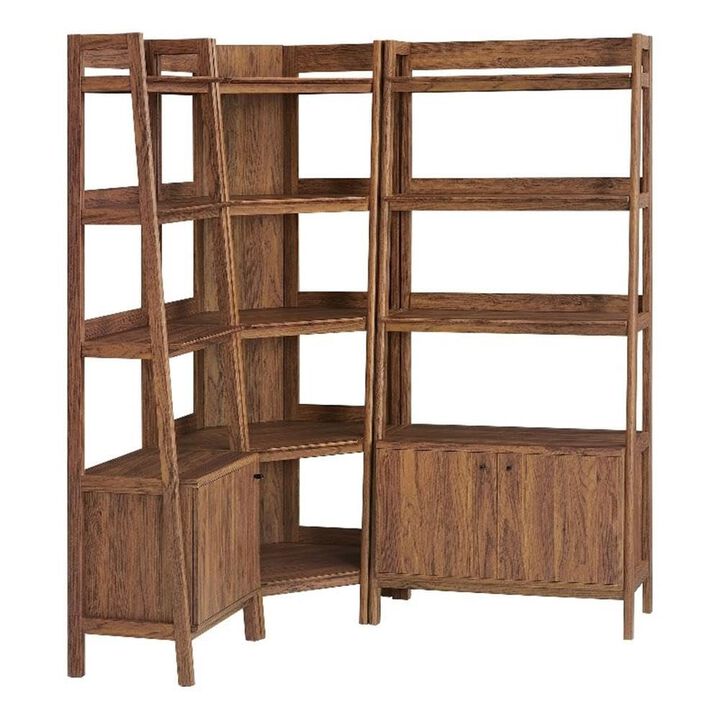 Modway Bixby 3-Piece Corner Bookshelf Set with Wide and Narrow Bookcases in Walnut &ndash; 12-Tier Wood Bookcases with Open Shelves and Base Cabinets for Living Room, Bedroom, Or Home Office