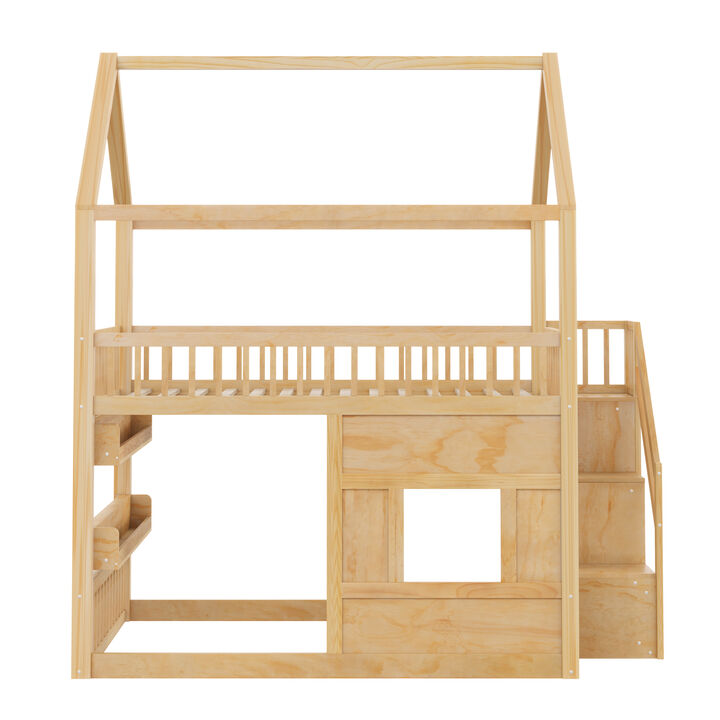 Merax Full Size White Wooden House Bed with Built-in LED Shelf Light