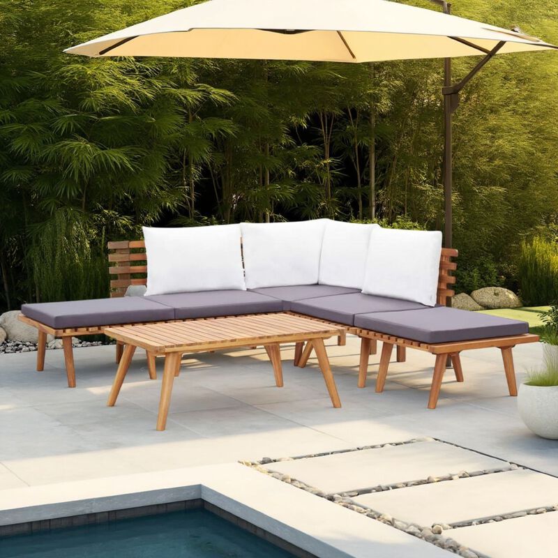 Roma 6pc Modular Outdoor Sofa and Coffee Table Set, Brown Acacia Wood - Benzara