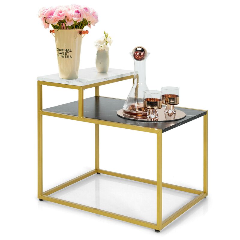 2 Tier End Side Table with  Metal Frame and Storage Shelf for Living Room-White