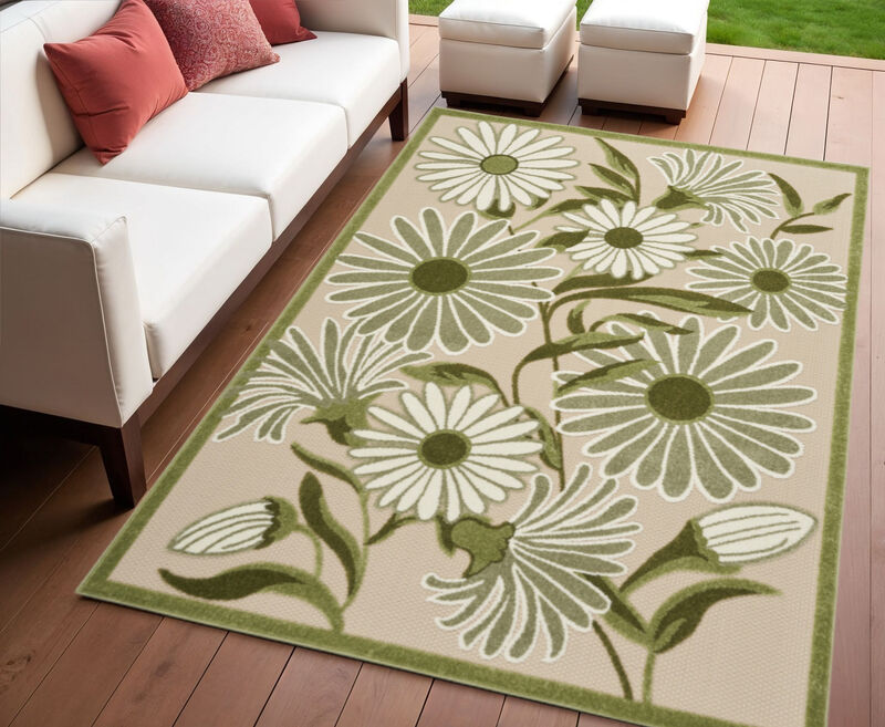 HomeRoots 4' X 6' Ivory And Green Floral Indoor Outdoor Area Rug image number 1