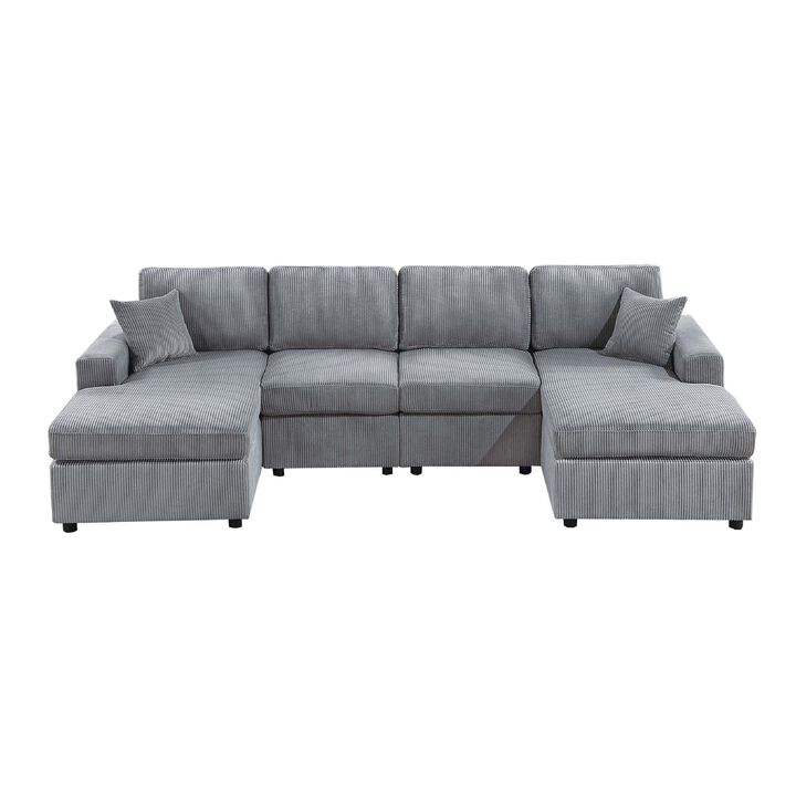 Iny U Sectional Sofa Chaise Armless Chair Set, 2 Pillows, Fog Gray - Benzara