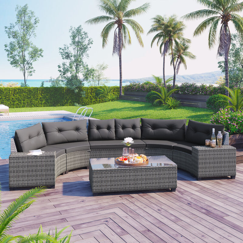 Whisen Outdoor Wicker Round Sofa Set, Half-Moon Sectional Sets All Weather, Curved Sofa Set With Rectangular Coffee Table image number 5
