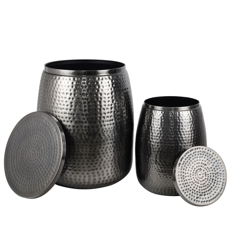 Merida Modern Rustic Hammered Metal Drum Storage Side Table with Lid