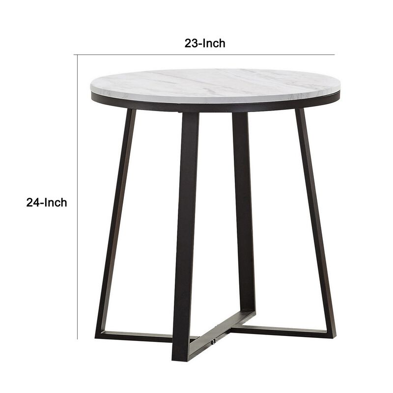 24 Inch End Table, White Faux Marble Round Top, Artisanal Metal Framework-Benzara