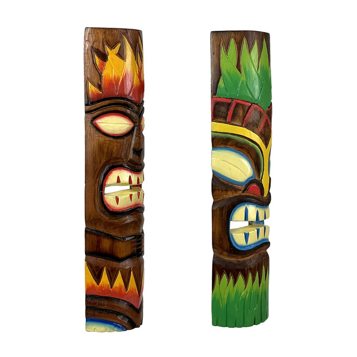 Fire and Earth Hand Crafted Wooden Tiki Totem Wall Masks 20 Inch Set of 2