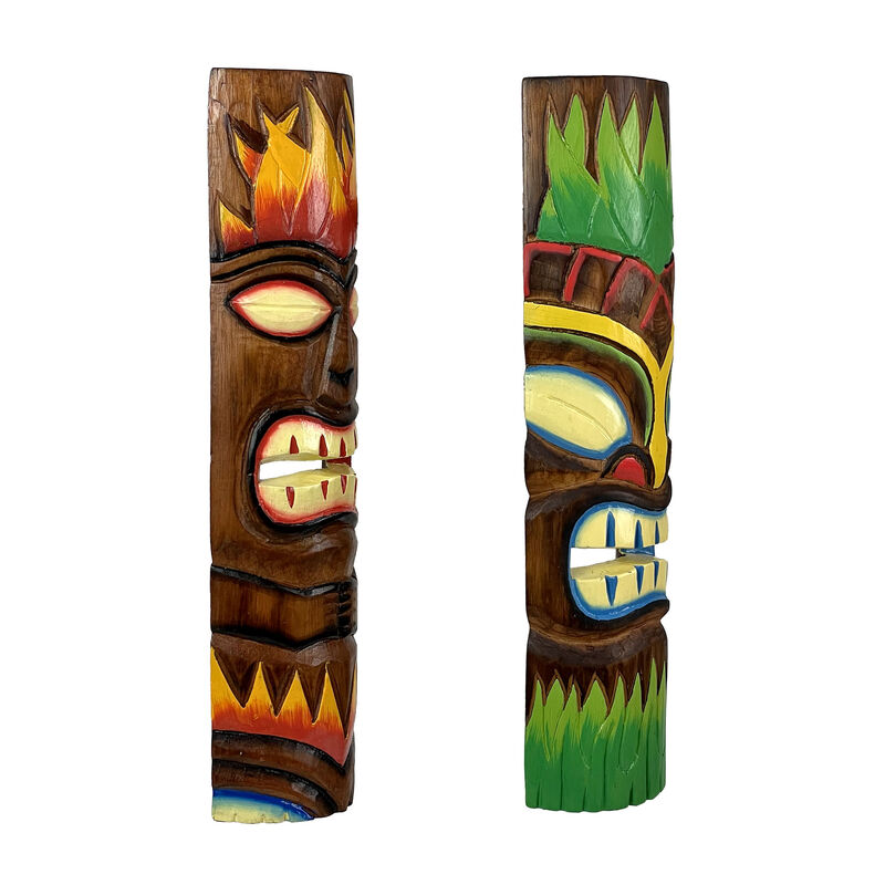 Fire and Earth Hand Crafted Wooden Tiki Totem Wall Masks 20 Inch Set of 2 image number 1