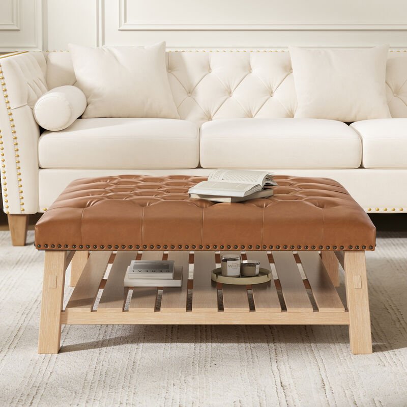Merax Tufted Ottoman Coffee Table with Nailhead Trim & Storage Shelf &ndash; Solid Wood Legs image number 2