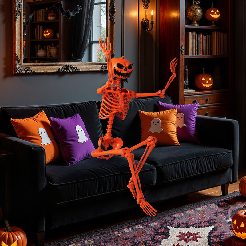 Orange Halloween Skeleton Decoration with Movable Joints and Pumpkin Head Design image number 6