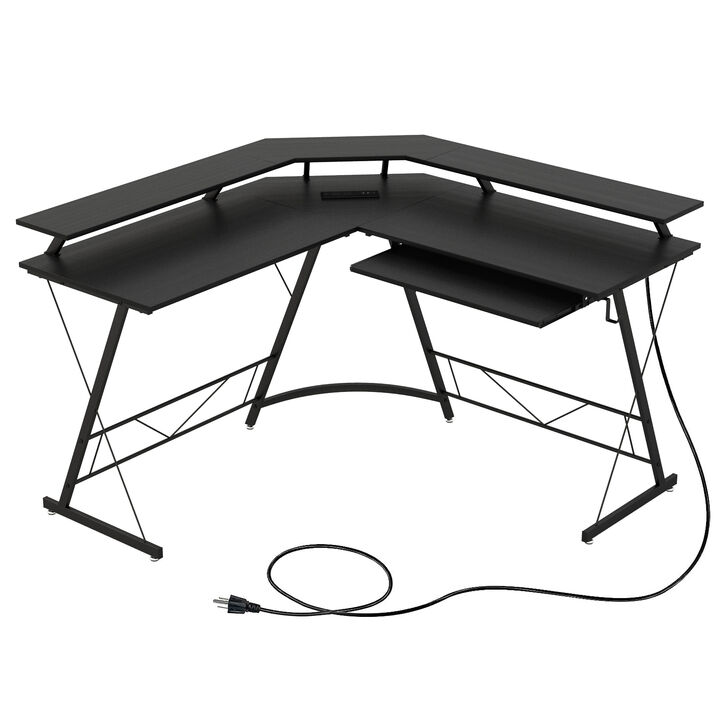 L-shaped Computer Desk with Power Outlet and Monitor Stand