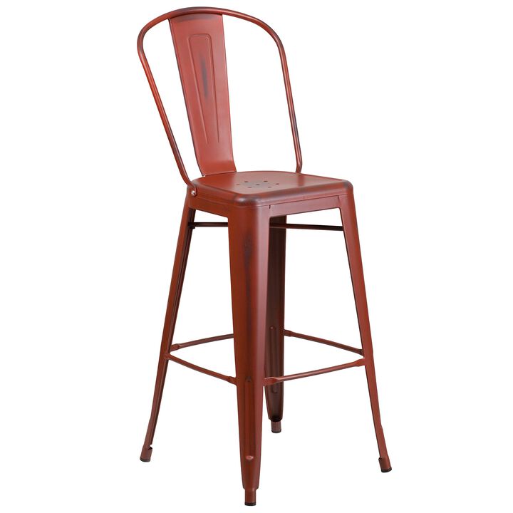 Flash Furniture Commercial Grade 30" High Distressed Kelly Red Metal Indoor-Outdoor Barstool with Back