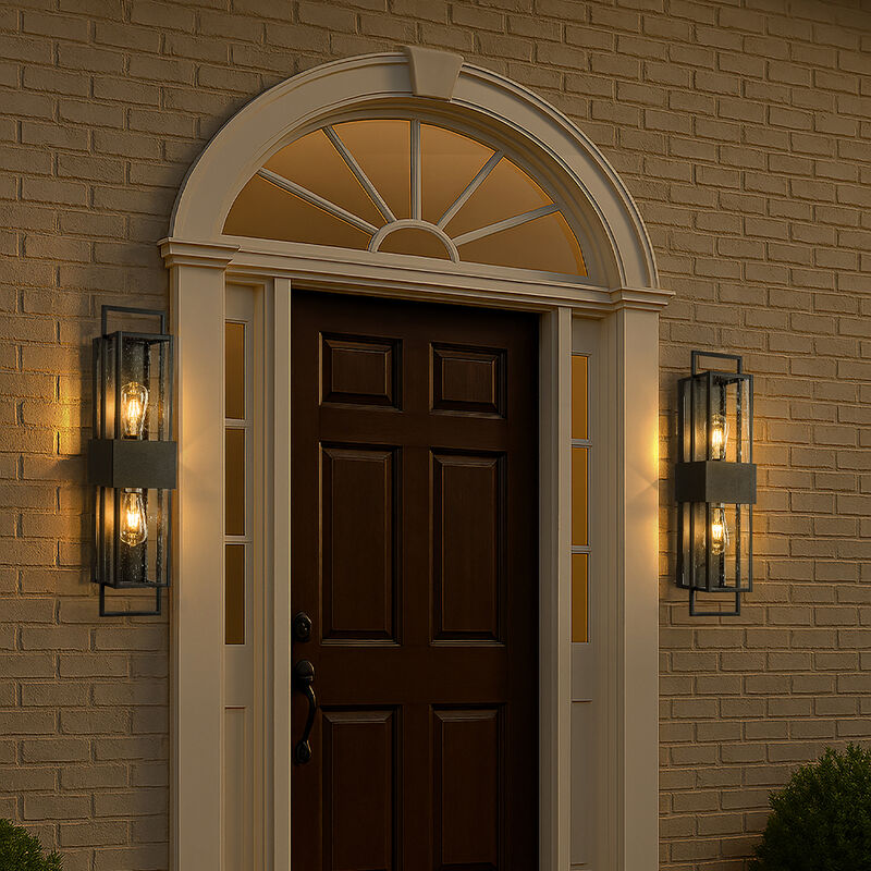 Modern Outdoor Wall Light with Dusk to Dawn Sensor H26'' Black Exterior Wall Lantern with Seeded Glass 2-Light Waterproof image number 2