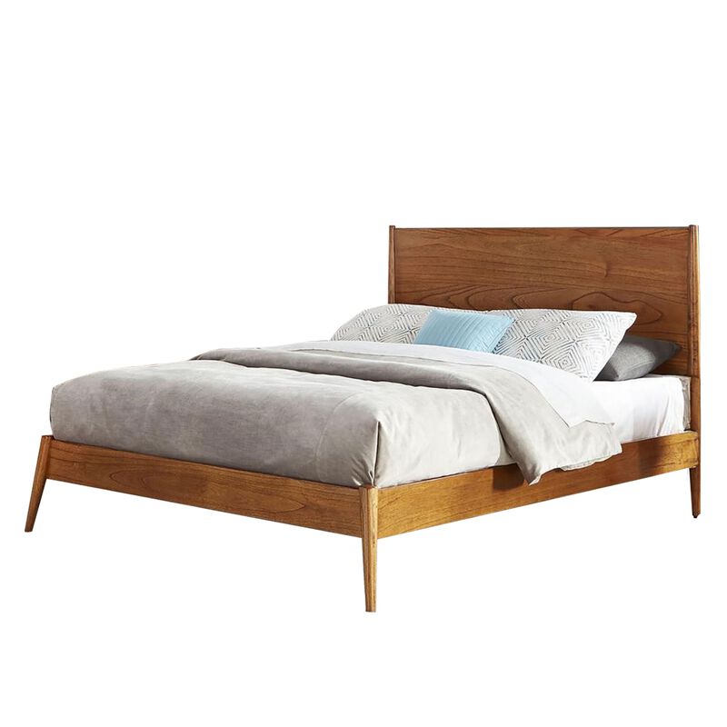 Amy Queen Size Platform Bed, Low Profile Frame, Panel Headboard, Brown - Benzara
