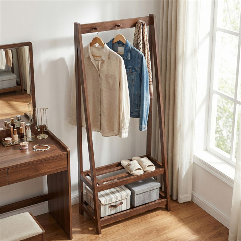 Freestanding Wood Coat Rack with A Frame Design 3 Hooks and 2 Shelves image number 6