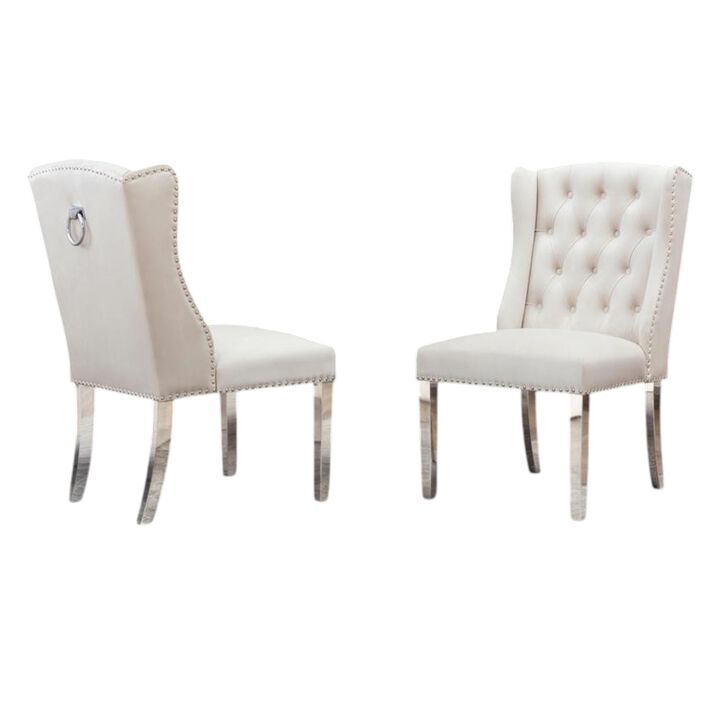Set of 2 Cream Velvet Tufted Side Chairs with Silver Legs and Back Ring