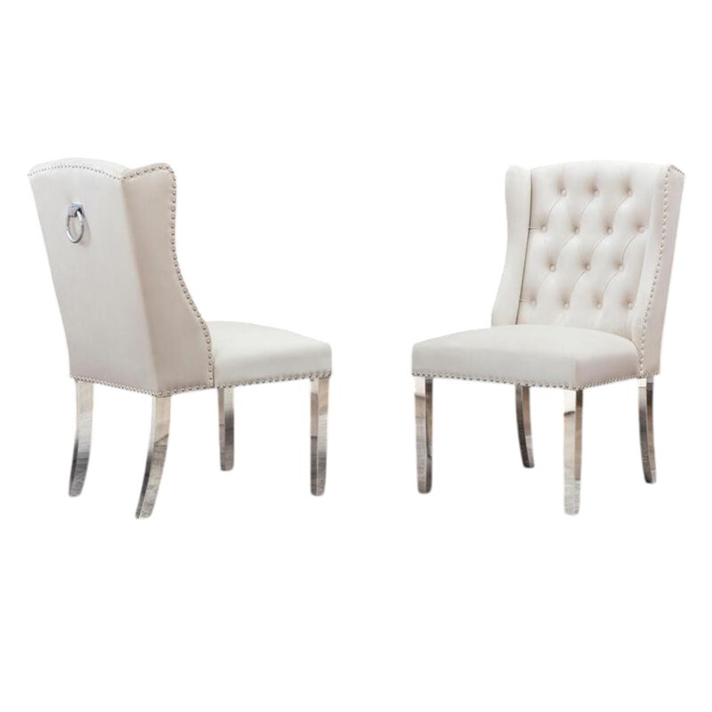 Set of 2 Cream Velvet Tufted Side Chairs with Silver Legs and Back Ring