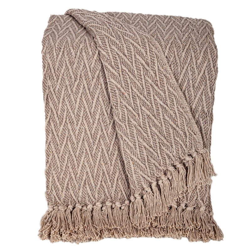 HomeRoots 52" X 67" Brown Woven Cotton Chevron Throw Blanket with Fringe image number 0