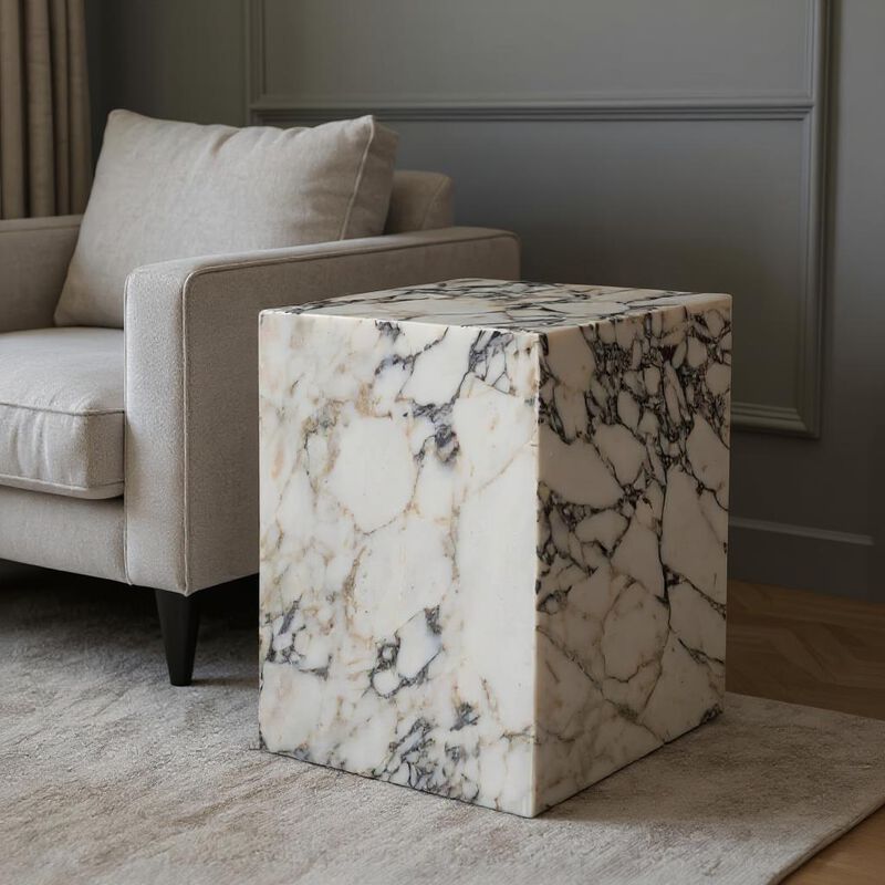 HomeRoots 20" Ivory Marble Square Block End Table image number 1