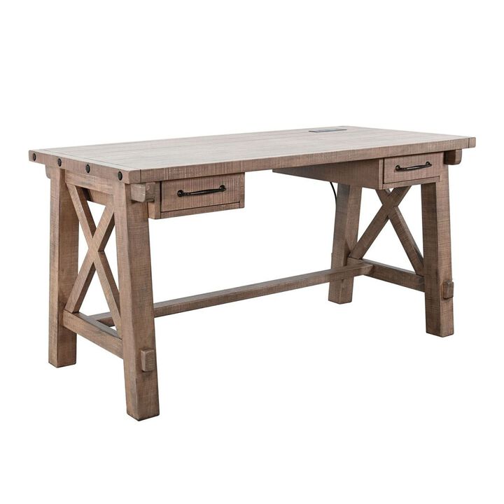 Anva Writing Desk, 58 Inch with Power Plug, Natural Brown Solid Mahogany