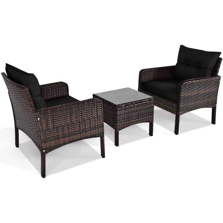 Hivvago 3-Piece Brown PE Rattan Outdoor Dining Patio Furniture Set with Black Cushions