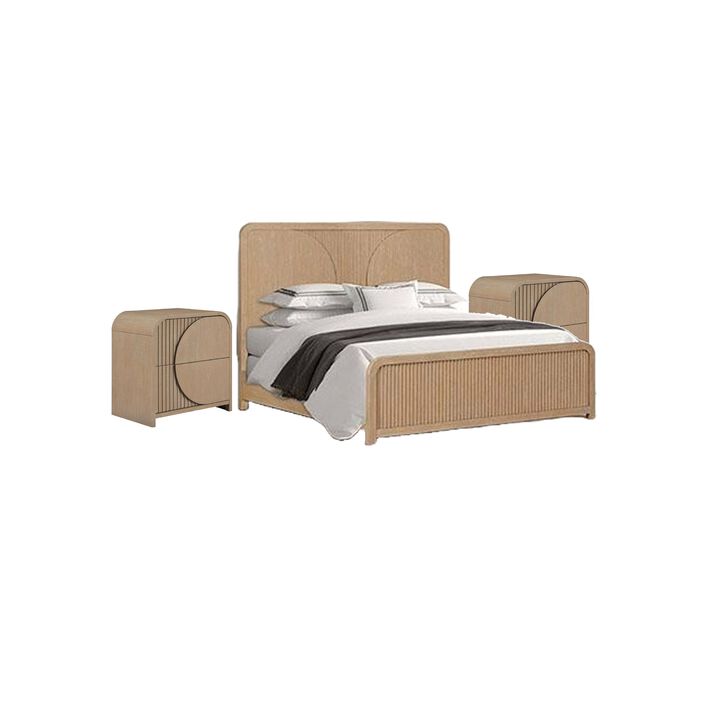 3pc King Bedroom Set, Natural Brown Wood, 2 Nightstands