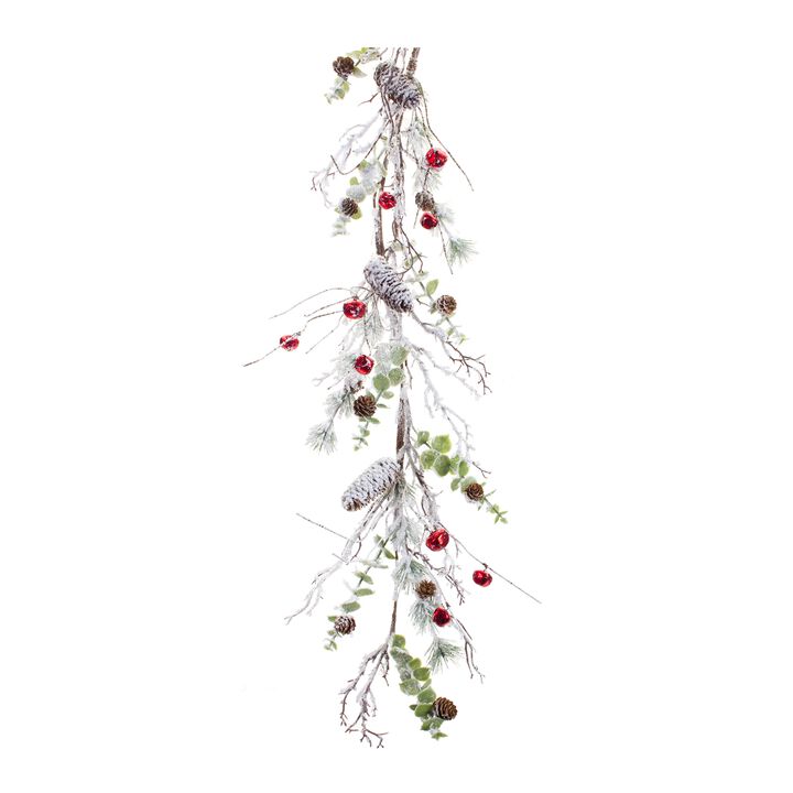 Snow Pine Garland with Sleigh Bells for Holiday and Winter Décor (Set of 2)