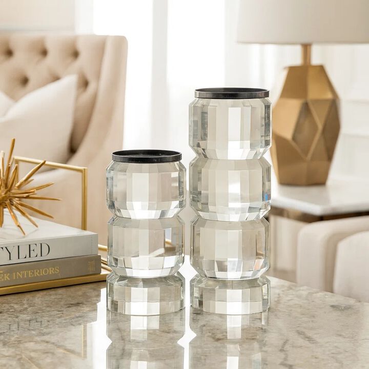 Meru Candle Holder Set of 2, Crystal and Silver Glass Stacked Pillar