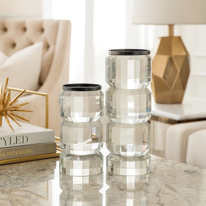 Meru Candle Holder Set of 2, Crystal and Silver Glass Stacked Pillar image number 1