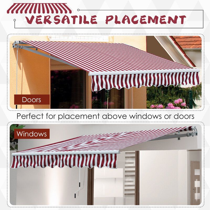 10' x 8' Manual Retractable Awning Sun Shade Shelter for Patio Deck Yard with UV Protection and Easy Crank Opening, Red Stripe image number 6