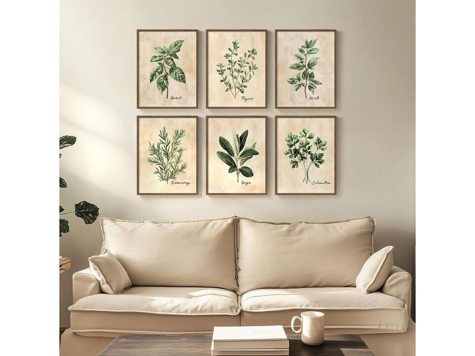 Framed Sage Green Botanical Wall Art 6 Piece Herb Canvas Decor for Living Room