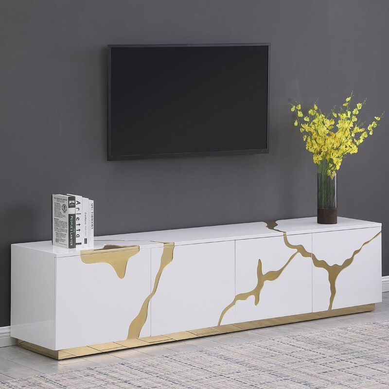 Best Master Furniture Ronnie White Lacquer T.V Stand with Gold Accents