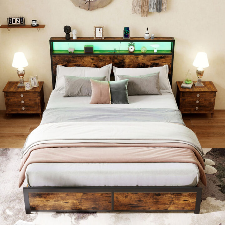 LED Light Bed Frame with Built-In Charging Station and Storage Drawers-Rustic Brown