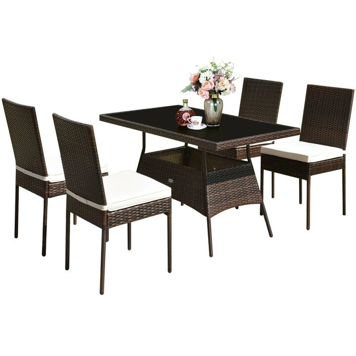 Mondawe 5-Pcs Rattan Patio Dining Set With 4 Cushioned Chairs & Glass-Top Table for Garden Balcony