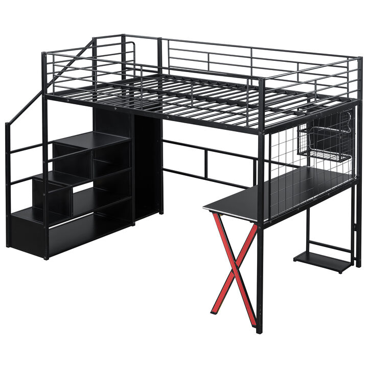 Merax Full Size Black Metal Loft Bed with Workstation, Wardrobe