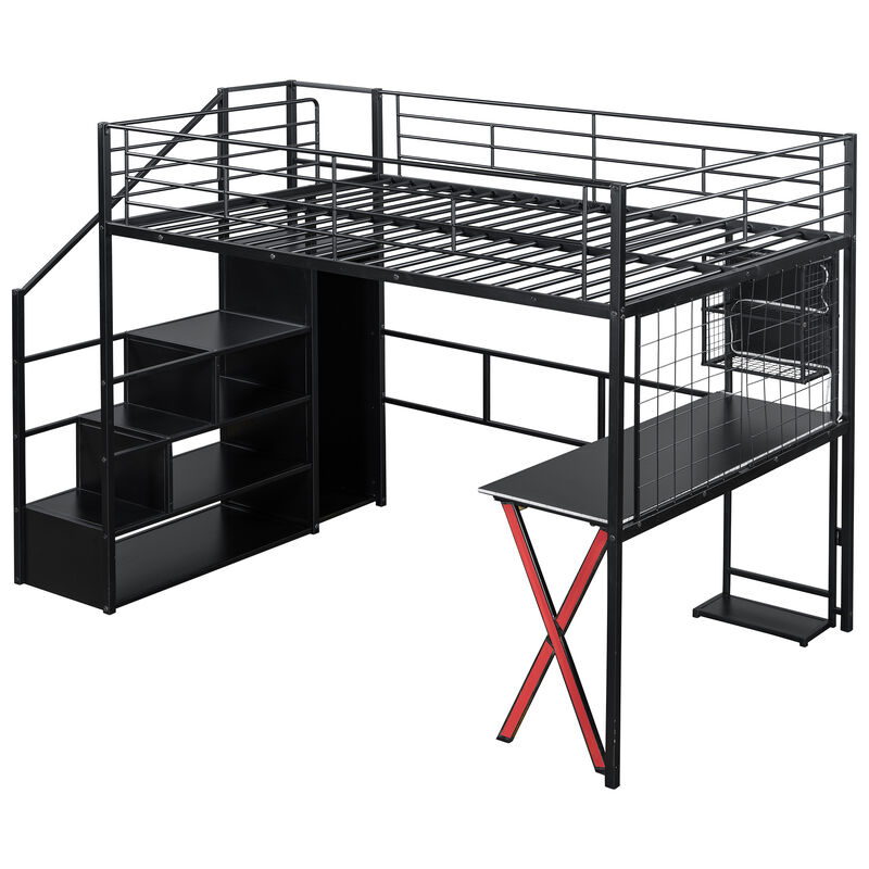 Merax Full Size Black Metal Loft Bed with Workstation, Wardrobe image number 0