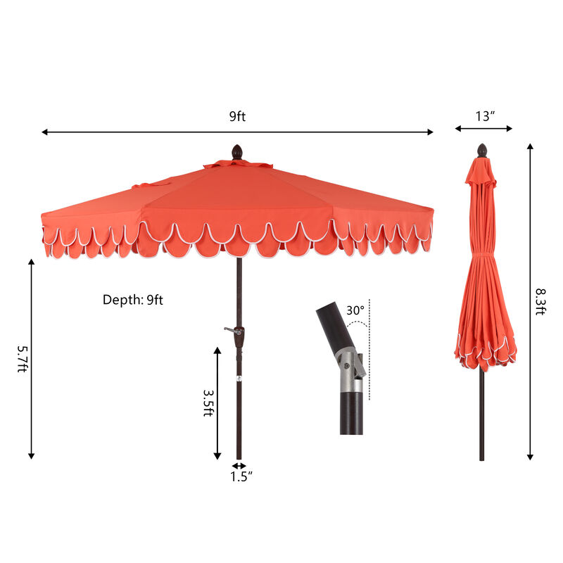 Tracy Classic MidCentury Scalloped Fringe Market Patio Umbrella with Auto-Tilt, Crank, Wind Vent and UV Protection