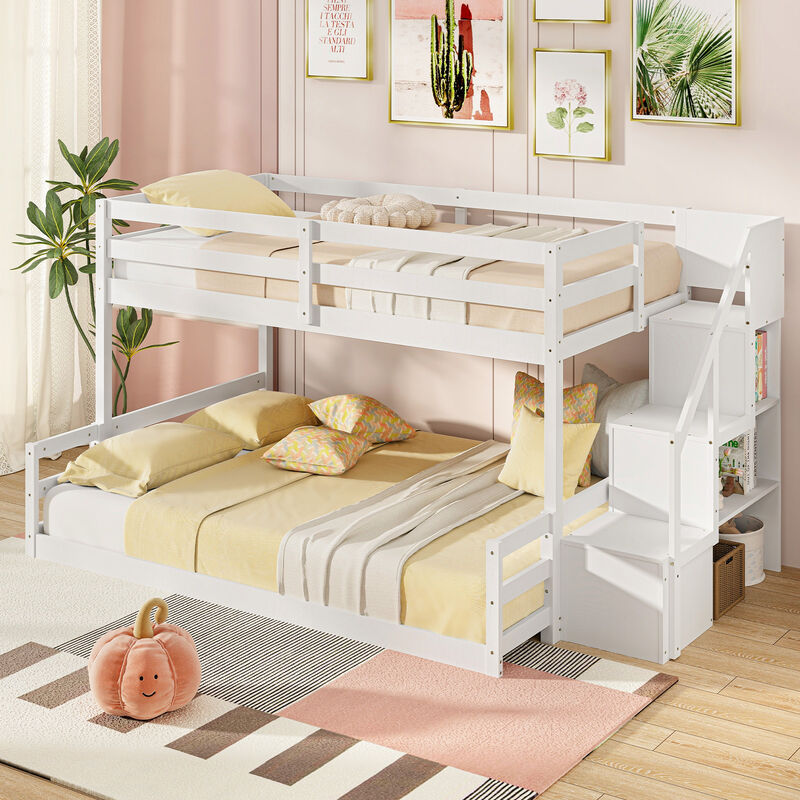 Solid Wood Bunk Bed with Built-In Storage Stairs and Space-Saving Design