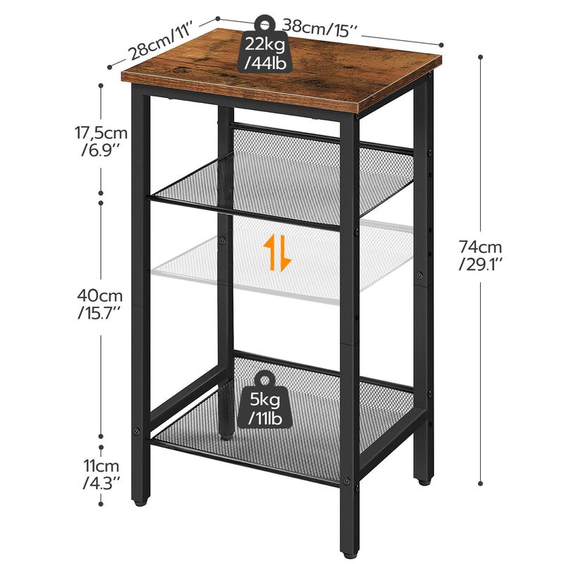 HOOBRO Side Table, 3-Tier Tall End Telephone Table with Adjustable Mesh Shelves, for Living Room Bedroom Hallway or Office, Tall
