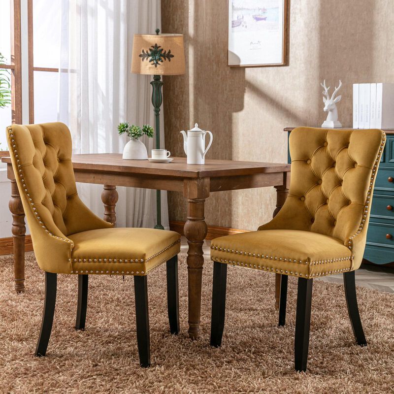 Set of 2 Tufted Velvet Dining Chairs, Legs, Nailhead Trim, Solid Wood Frame