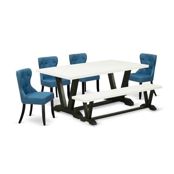 East West Furniture 6-Pc Dining Room Table Set- 4 Parson Dining Room Chairs with Blue Linen Fabric Seat and Button Tufted Chair Back - Rectangular Top & Wooden Legs Wood Kitchen Table and