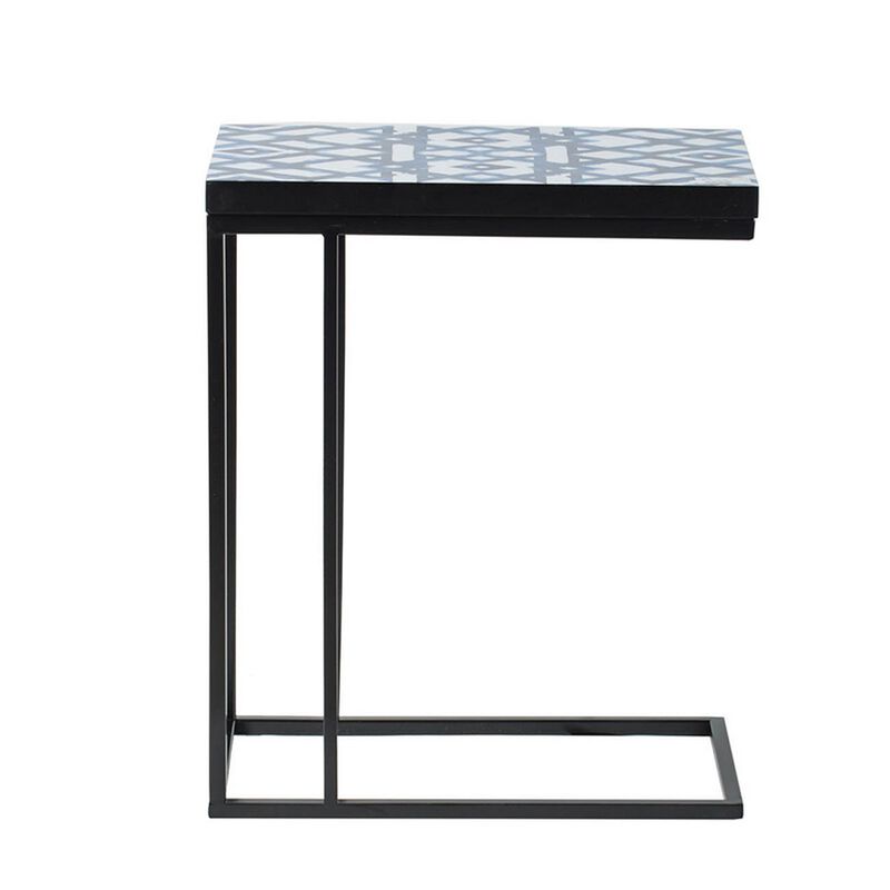 24 Inch Side Table, C Shaped, Indigo Patterned Top, Iron Frame, Black  - Benzara