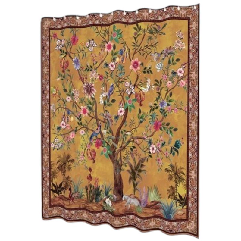 Hivvago 72-inch Brown Red Orange Green Floral Tree Birds Plants Flowers Shower Curtain