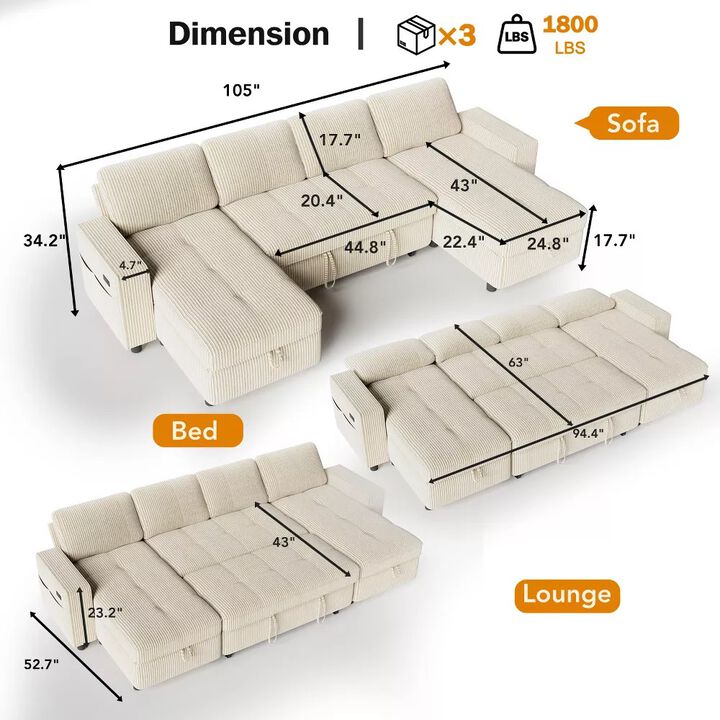 105" U-Shaped Sleeper Sofa Bed, Corduroy Pull Out Couch with Reversible Storage Chaise, 5-Position