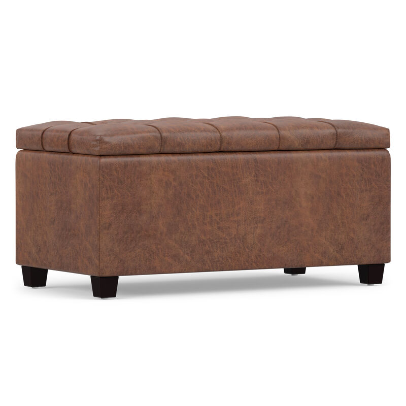 Sienna 33 inch Wide Transitional Rectangle Storage Ottoman Bench in Distressed Saddle Brown Vegan Faux Leather, Assembled image number 7