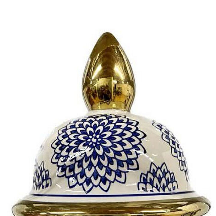 Bryan 18 Inch Ceramic Temple Jar, Floral Print, Gold Handle, Blue, White - Benzara