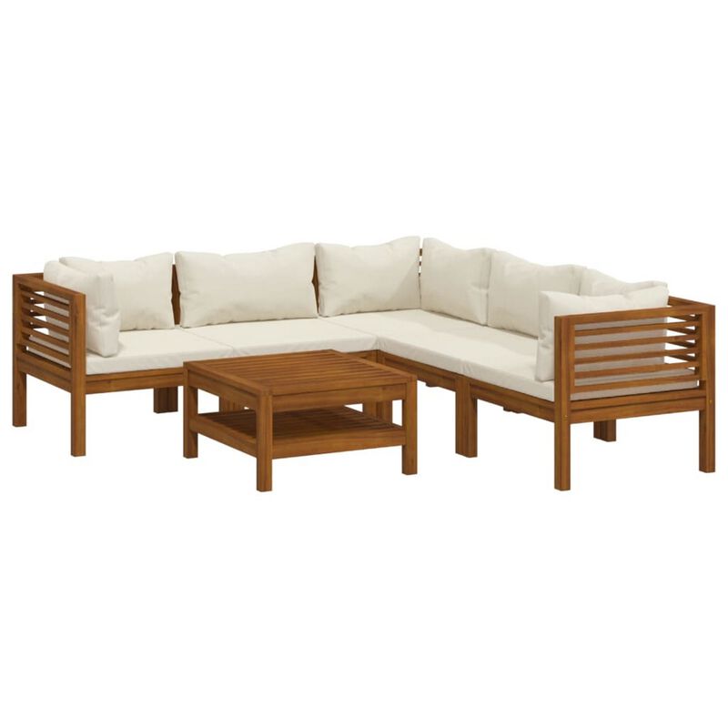 Soma 6pc Outdoor Modular Sofa Set, Ivory Fabric Cushions, Brown Wood - Benzara